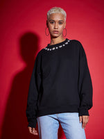Women Black Terry Stud Pearl Oversized Sweatshirt