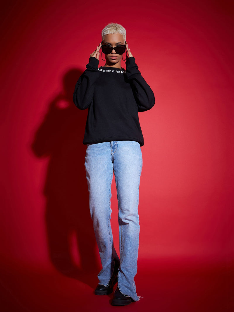 Women Black Terry Stud Pearl Oversized Sweatshirt