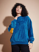 Women Blue Elbow Patch Fur Round Neck Sweatshirt