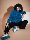 Women Blue Elbow Patch Fur Round Neck Sweatshirt