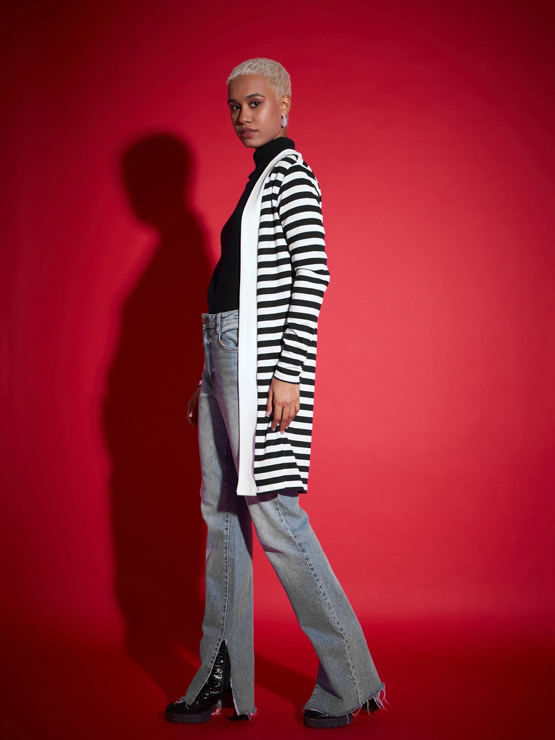 Women Black & White Striped Front Open Sweater