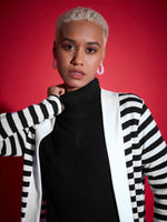 Women Black & White Striped Front Open Sweater