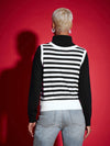 Women Black & White Striped V-Neck Sleeveless Sweater