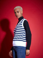 Women Navy & White Striped V-Neck Sleeveless Sweater