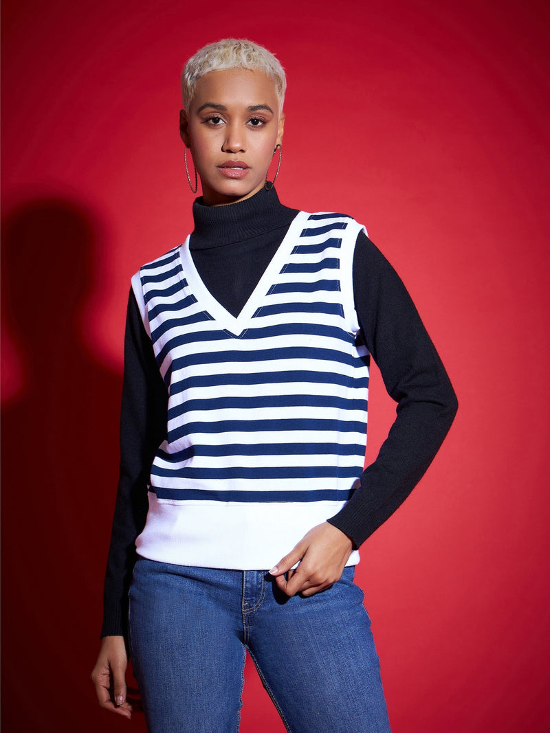 Women Navy & White Striped V-Neck Sleeveless Sweater