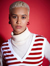 Women Red & White Striped V-Neck Sleeveless Sweater