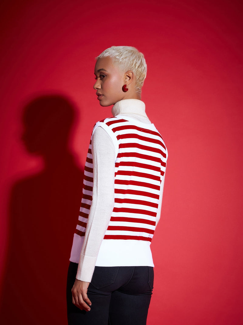 Women Red & White Striped V-Neck Sleeveless Sweater