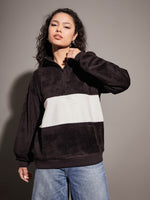 Women Black Fur Colour Block High Neck Sweatshirt