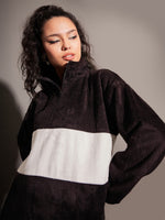 Women Black Fur Colour Block High Neck Sweatshirt