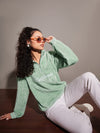 Women Green Fur California Embroidered High Neck Sweatshirt