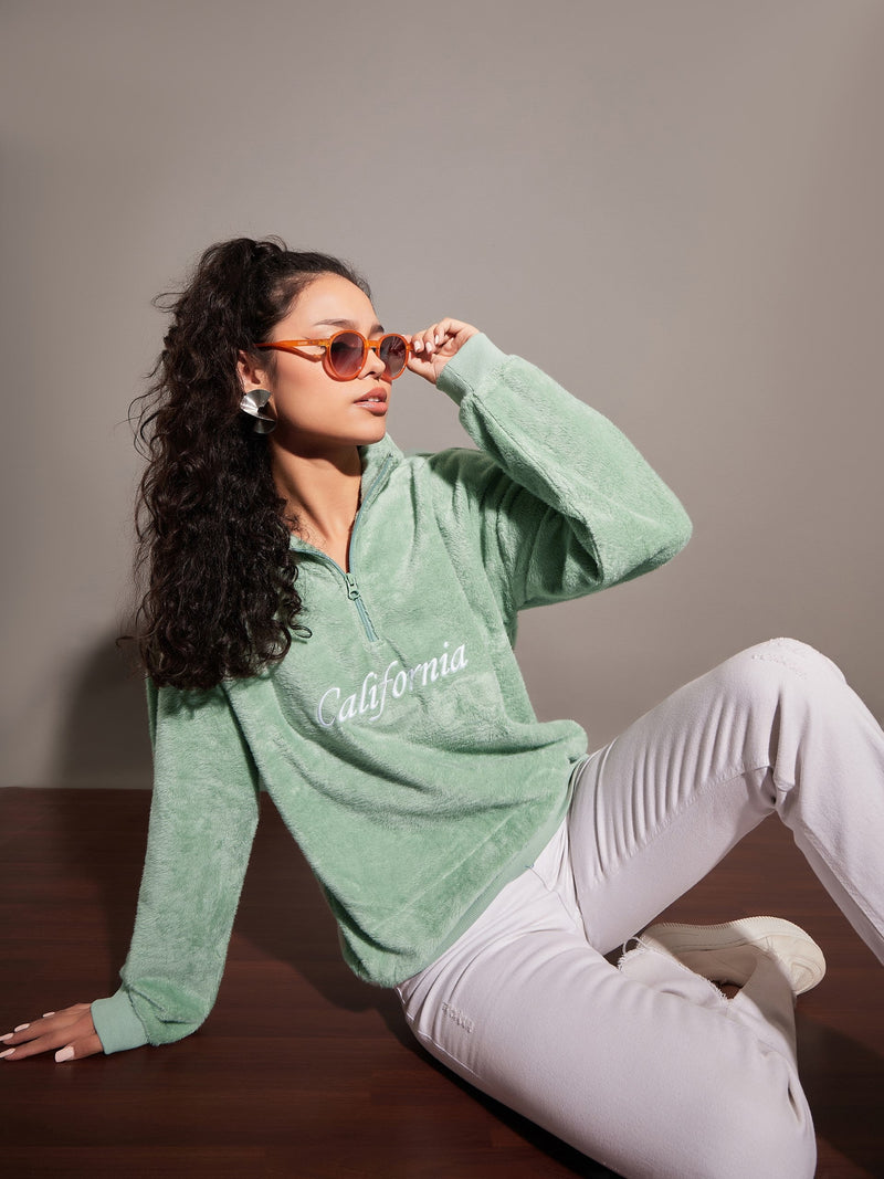 Women Green Fur California Embroidered High Neck Sweatshirt