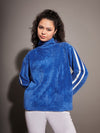 Women Royal Blue Fur Contrast Tape High Neck Sweatshirt