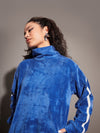 Women Royal Blue Fur Contrast Tape High Neck Sweatshirt