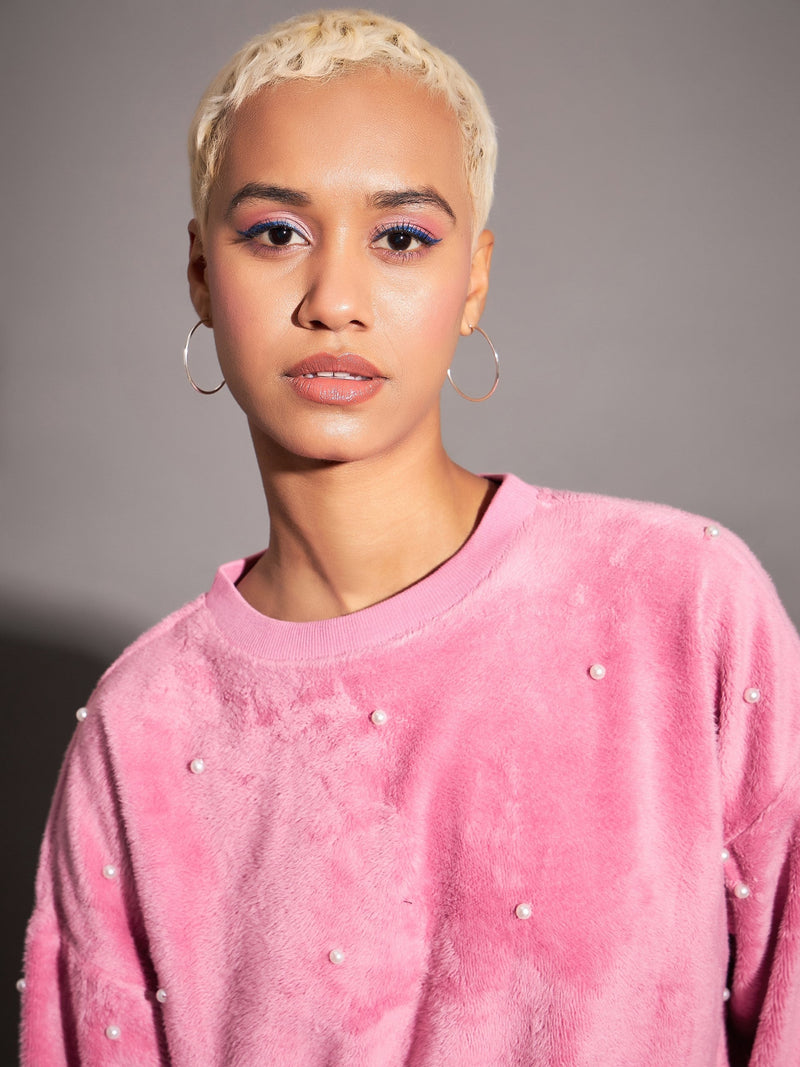 Women Pink Fur Pearl Sweatshirt
