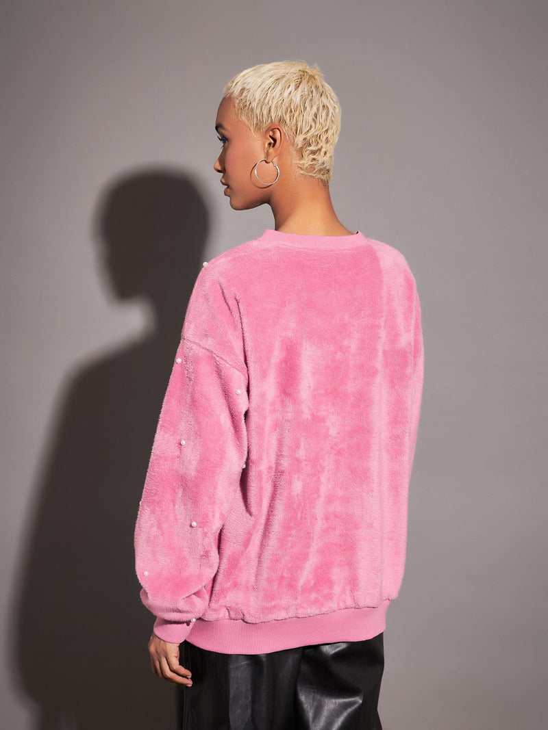 Women Pink Fur Pearl Sweatshirt