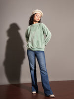 Women Sea Green Fur Pearl Sweatshirt