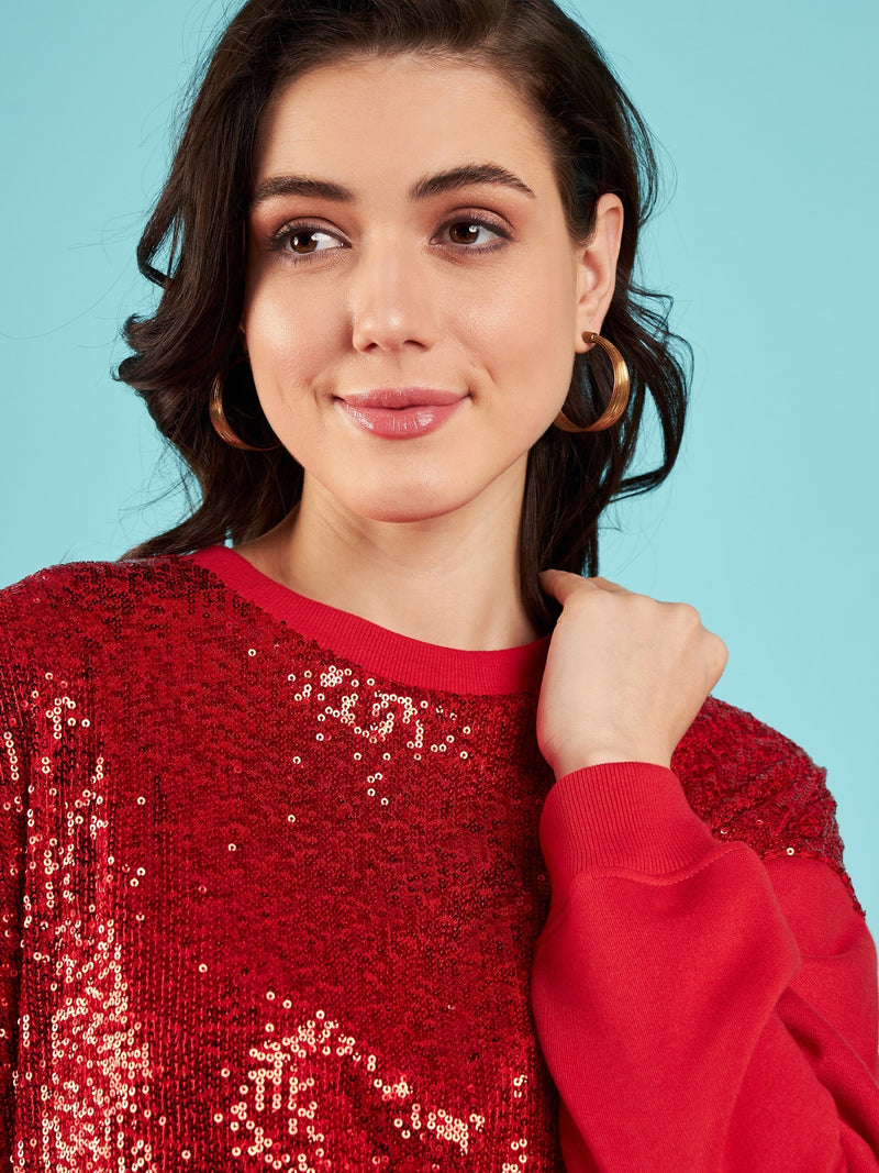 Women Red Sequin Oversized Sweatshirt