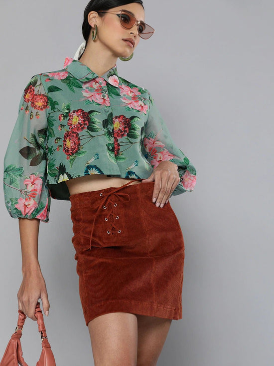 Olive Floral Organza Shirt Style Crop Top