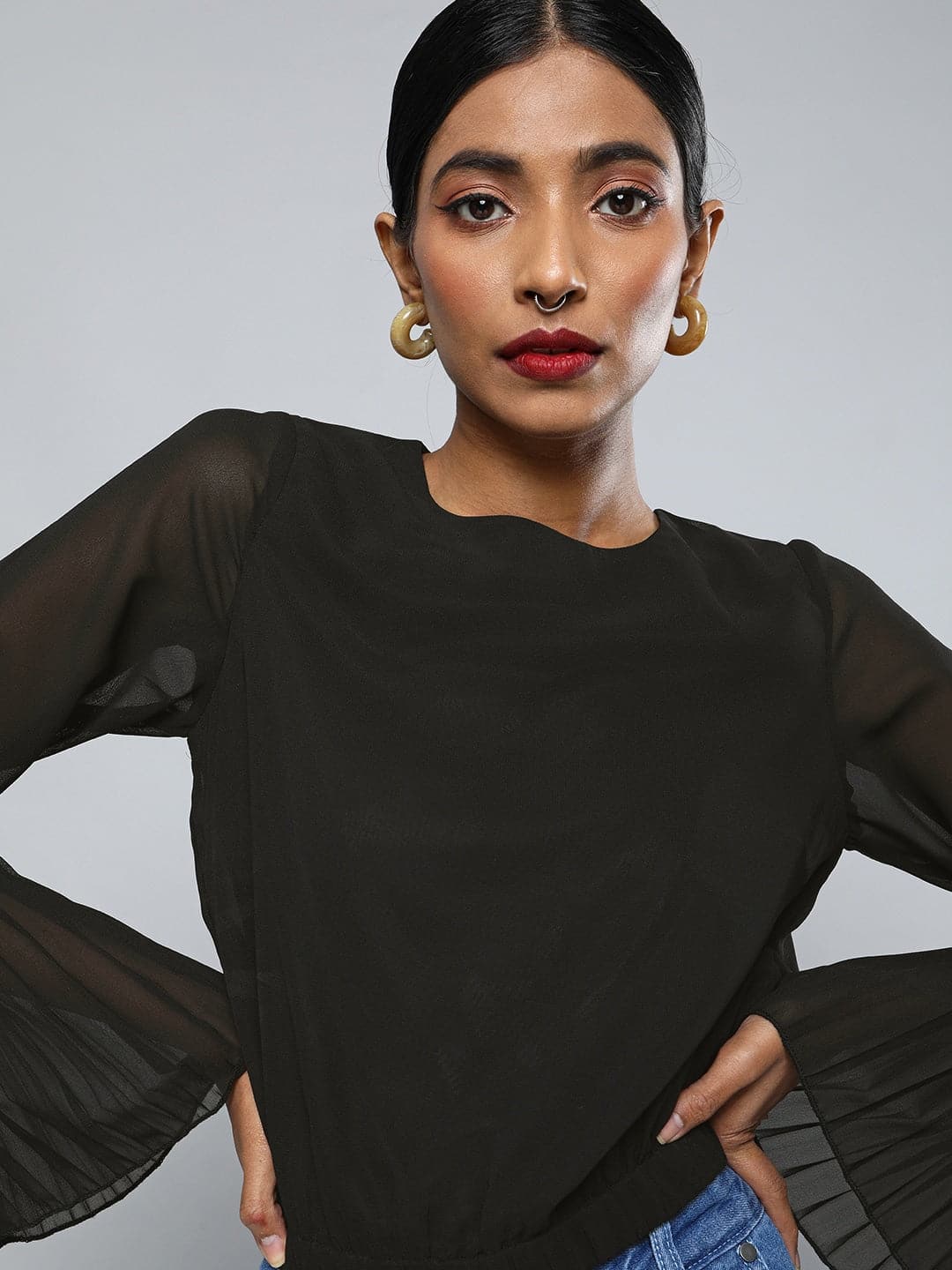 Black Full Sleeve Embroidered Velvet Crop Top