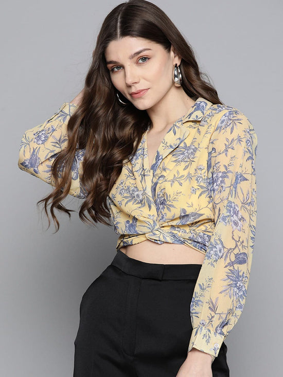 Yellow Floral Tie Knot Crop Shirt Top