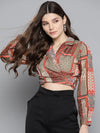 Brown Patch Tie Knot Crop Shirt Top