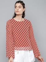 Orange Geo Print Pleated Top