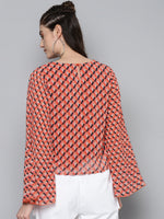 Orange Geo Print Pleated Top