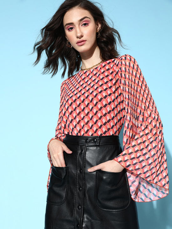 Women Orange Geo Print Pleated Top