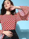 Women Orange Geo Print Pleated Top