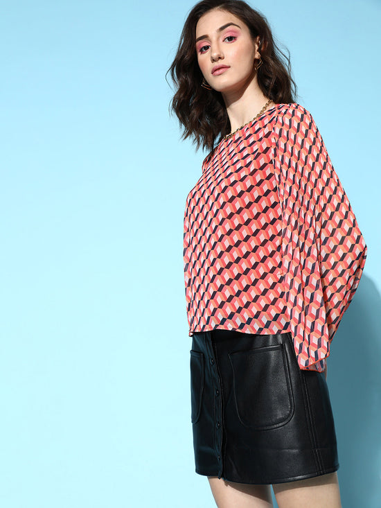 Women Orange Geo Print Pleated Top