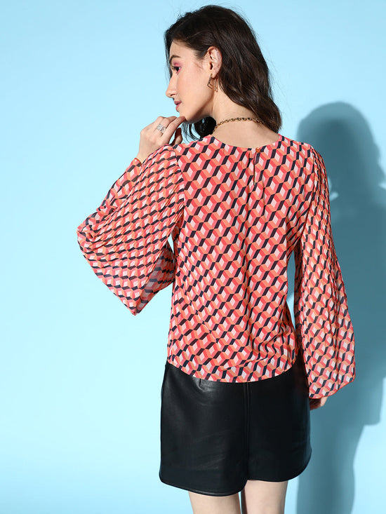 Women Orange Geo Print Pleated Top