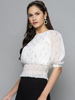 White Lurex Smocked Waist Top