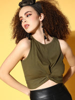 Women Olive Front Knot Crop Top