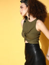 Women Olive Front Knot Crop Top