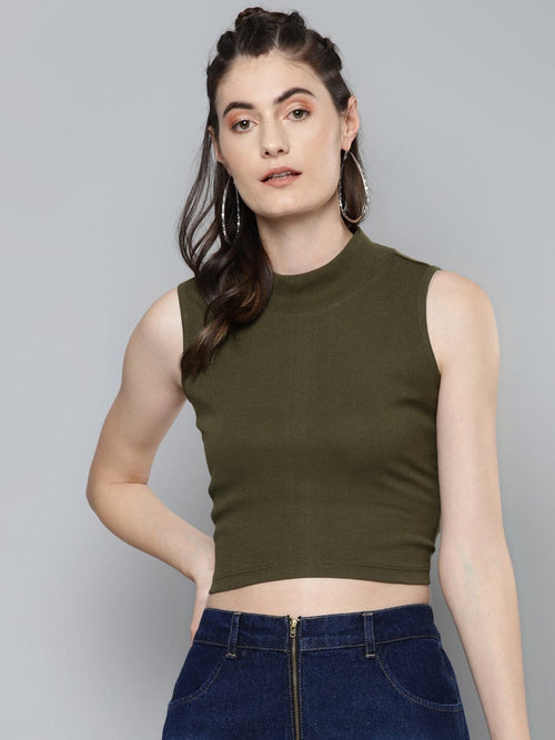 Olive High Neck Crop Top