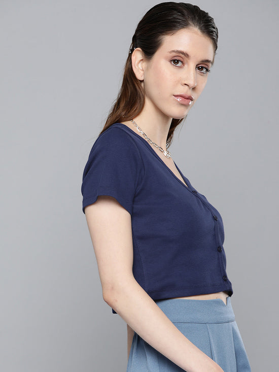 Navy Front Button Crop Top