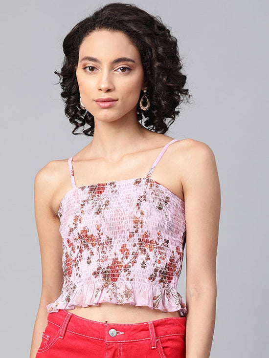 Pink Floral Smocked Strappy Crop Top