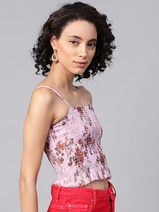 Pink Floral Smocked Strappy Crop Top