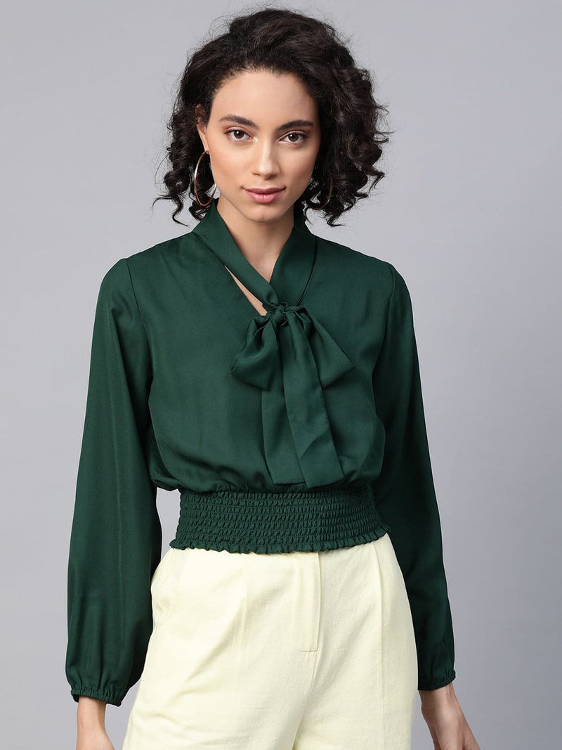 Emerald Green Tie Up Detail Smocking Top