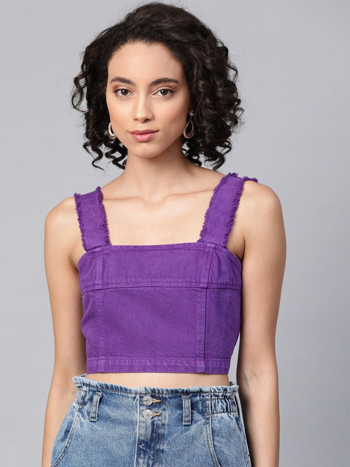 Purple Frayed Straps Bustier Crop Top