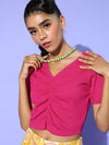 Women Fuchsia Gather Detail Crop Top