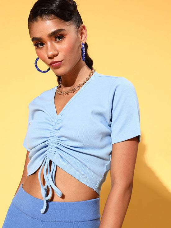 Women Blue Ruched Crop Top