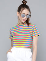 Rainbow Stripes High Neck Crop T-Shirt