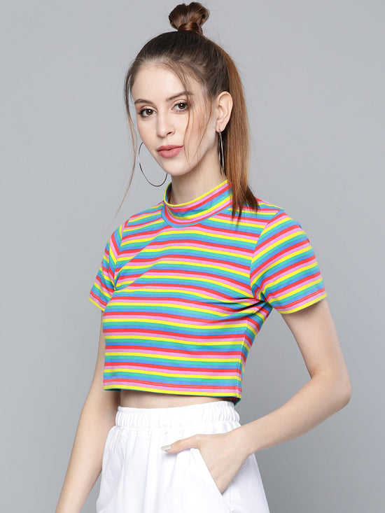 Rainbow Stripes High Neck Crop T-Shirt