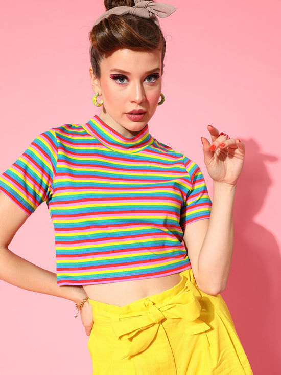 Women Rainbow Stripes High Neck Crop T-Shirt Top