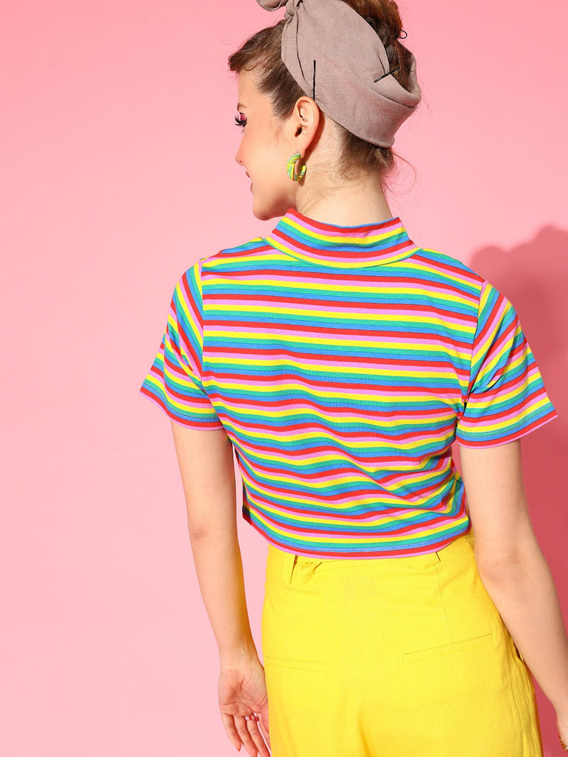 Women Rainbow Stripes High Neck Crop T-Shirt Top