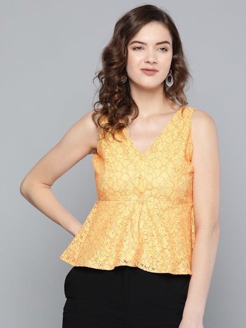 Yellow Lace V-Neck Peplum Top