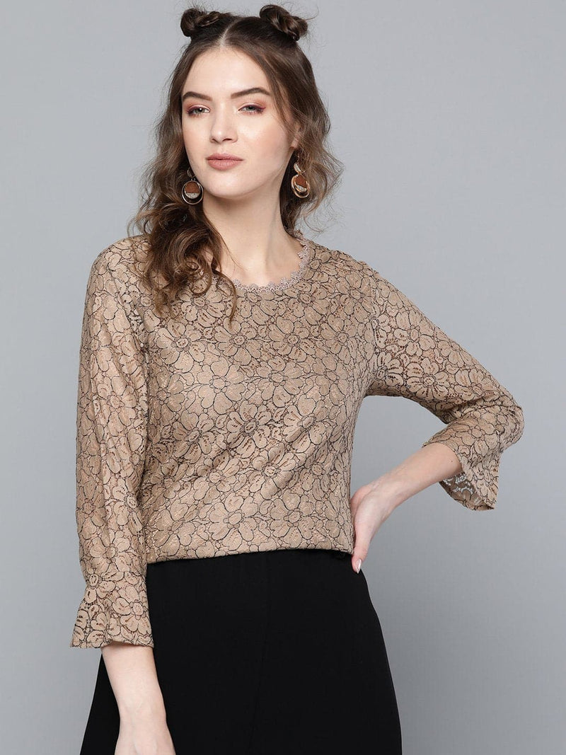 Beige Lace Flared Sleeve Top