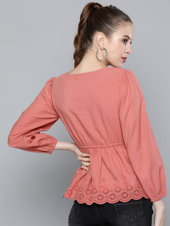 Baked Pink Schiffli V-Neck Peplum Top