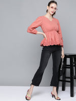 Baked Pink Schiffli V-Neck Peplum Top